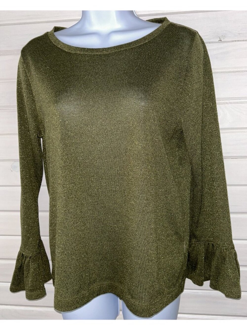 J. Crew Sz MEDIUM Sparkle Bell Sleeve Knit Top Shirt Metallic Olive Green EUC